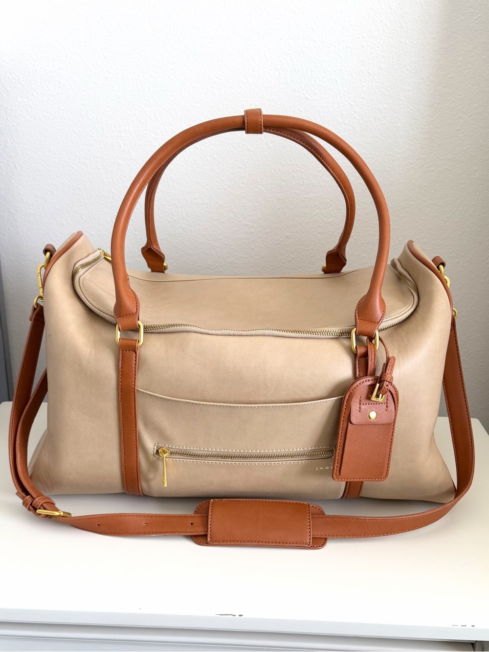 Fawn Design X Cara Loren Beige and Tan Leather-Trim Weekender Bag